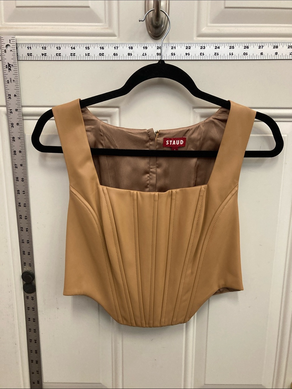 STAUD Camel Faux-Leather Corset Crop Top - Pre-loved